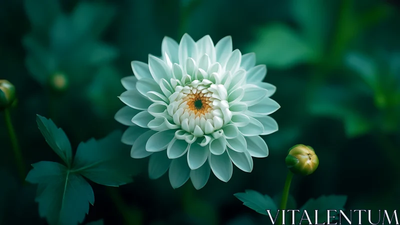 White Dahlia with Golden Center in Green Garden Setting.