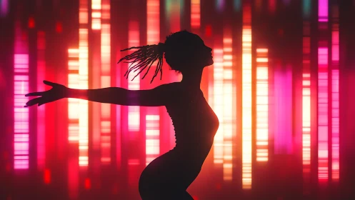 Silhouette in neon rhythm, stretching into glowing night.
