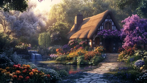 Sun-kissed cottage nestles in a spellbound flower forest.