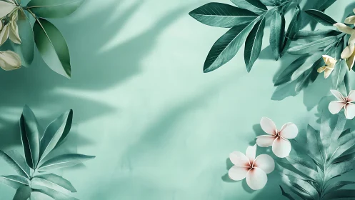 Tropical foliage and flowers frame a flat teal background