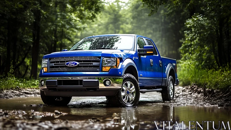 Blue Ford pickup truck parked on muddy forest trail road.