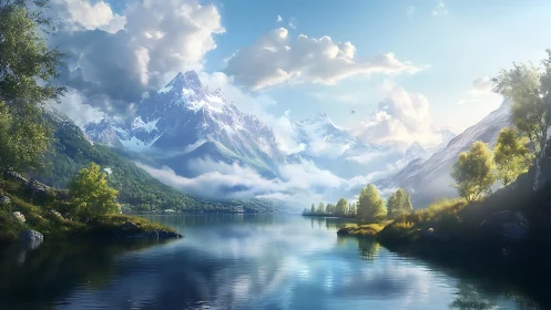 Snowcapped mountains reflect over a tranquil alpine lake.