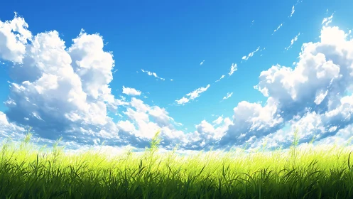 Vivid summer meadow under towering cumulus clouds.