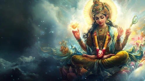 Divine goddess seated in lotus amid radiant cosmic light.