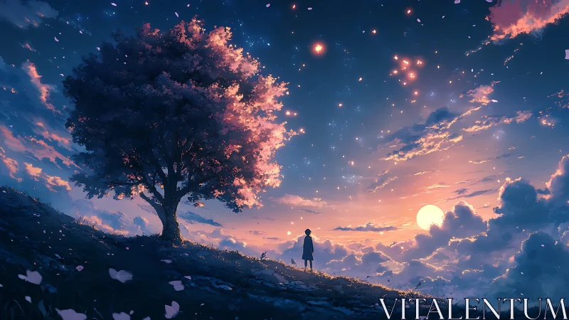 Stargazing dreamer beneath a twilight blossom sky.