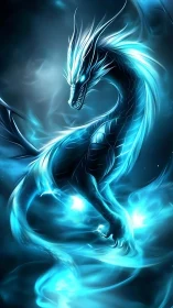 Luminous blue dragon coils in swirling ethereal light.