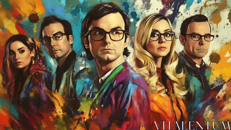 Five serious adults in glasses pose amid vivid paint splashes