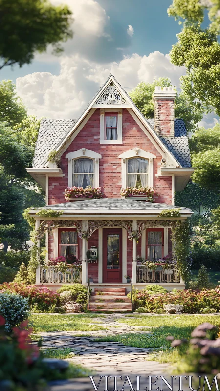 Victorian cottage facade with ornate porch and lush garden path