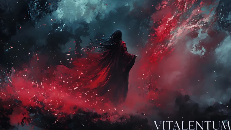 Crimson robed wanderer walks calmly through swirling storm