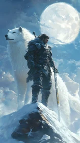 Warrior with white wolf under full moon on snowy peak.