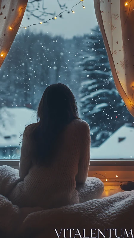 Woman in cozy knitwear quietly watching gentle winter snowfall