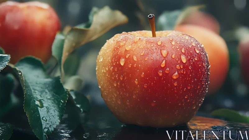 Dewy red apple macro on reflective orchard surface.