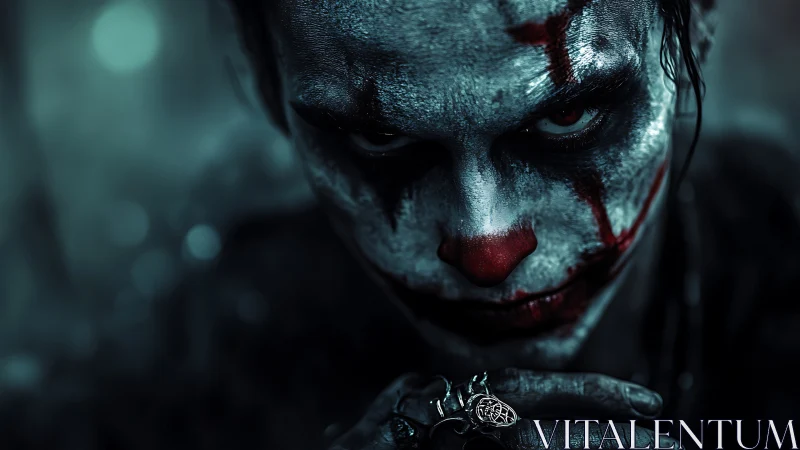 Clown makeup portrait shows low-key lighting and tight framing