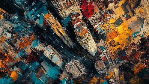 Aerial cityscape merges towers with abstract paint overlays.