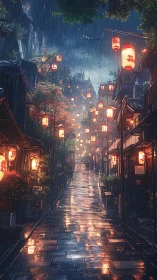 Rain-soaked lantern street dreaming in soft electric hush.
