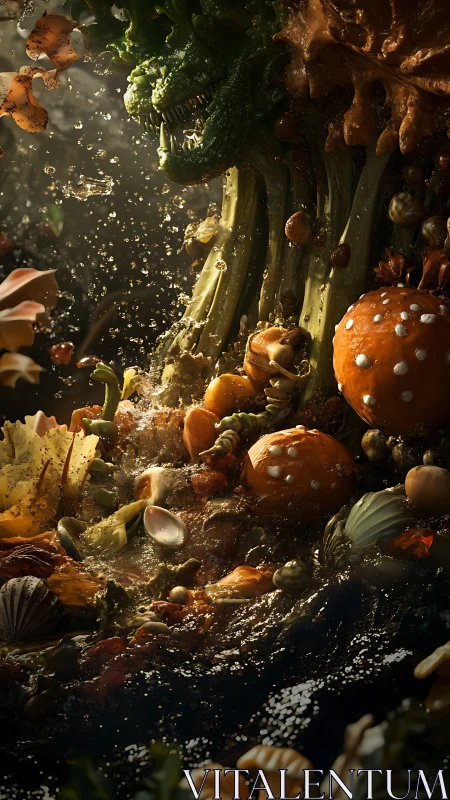 Gourmet forest cascade with mushrooms, broccoli and splashes.