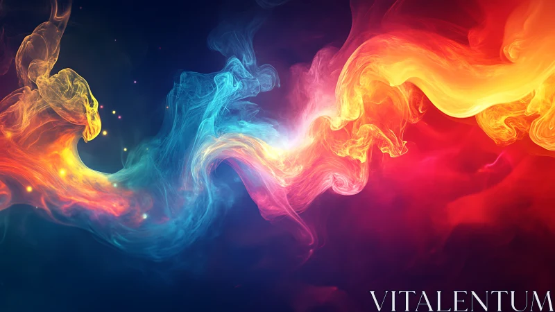 Vibrant streams of colored light twist across deep shadow