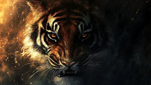 Fiery tiger face emerges from darkness with blazing eyes.