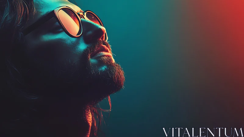 Neon-lit portrait captures reflective mood in bold color contrast.