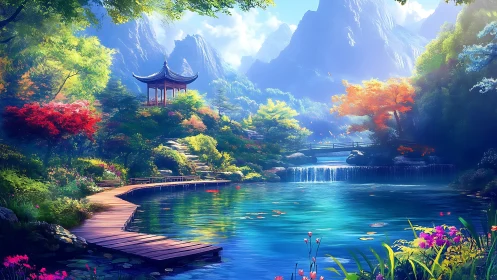 Lakeside pagoda in luminous mountainous garden landscape at dawn