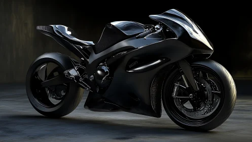 Black aerodynamic sport motorcycle in studio lighting setup.