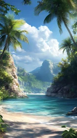 Tropical Paradise Cove: Palm-Framed Coastal Landscape.
