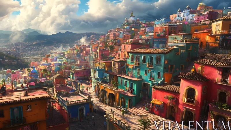 Hillside settlement of dense, multicolored houses under clouds.