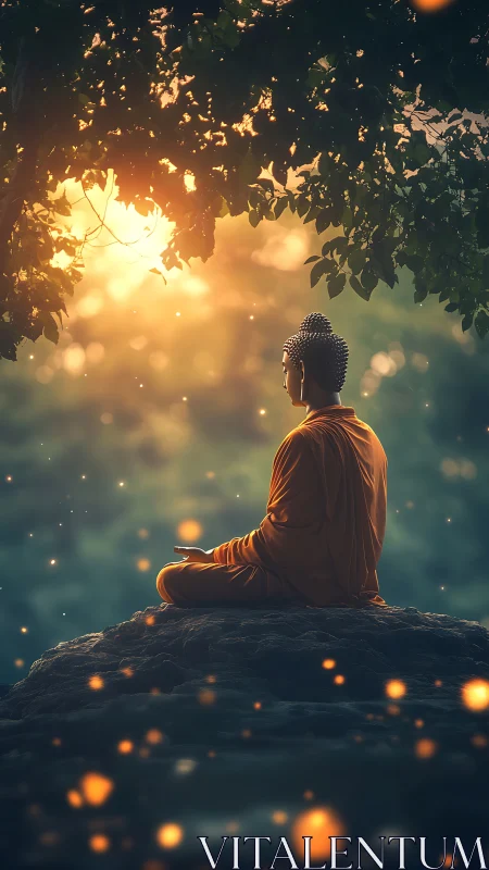 Golden forest meditation at sunrise with gentle glowing lights.