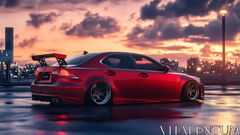 Lowered red Lexus sedan under vivid urban sunset sky.