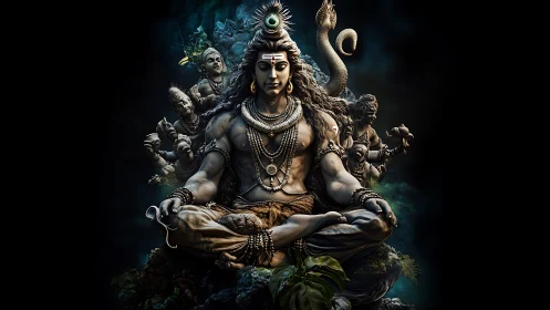 Lord Shiva meditation with cosmic energy and coiled serpent.