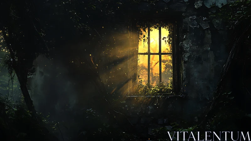 Sunlit forest window piercing a decayed ivy-covered ruin wall