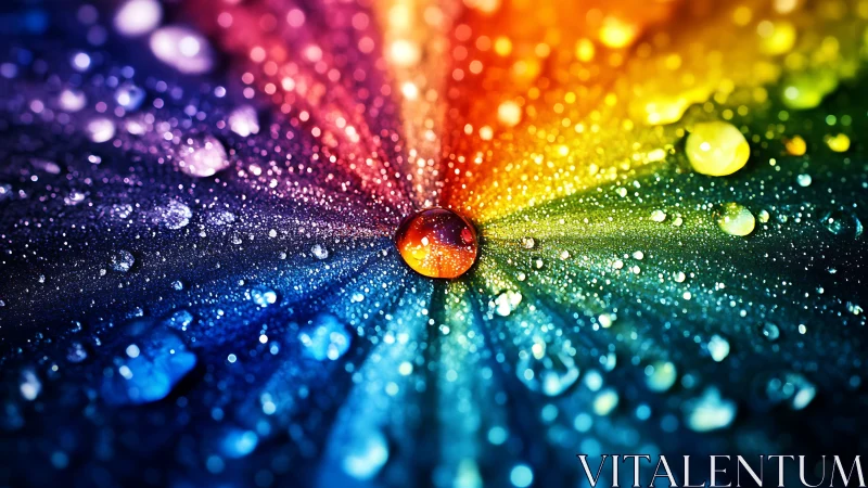 Macro water droplet on radial rainbow spectrum surface.