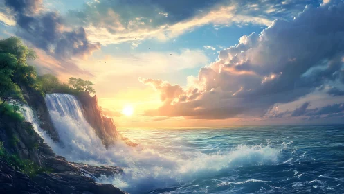 Coastal waterfall at sunrise against expansive seascape.