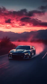 Midnight muscle car drifting through neon dusk haze.