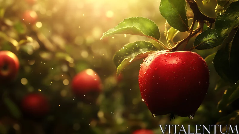 Sunlit orchard jewel hangs heavy with dawn-bright promise