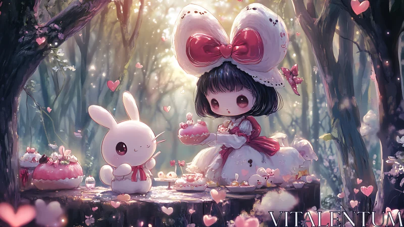 Kawaii forest tea party with chibi girl, rabbit and cakes.