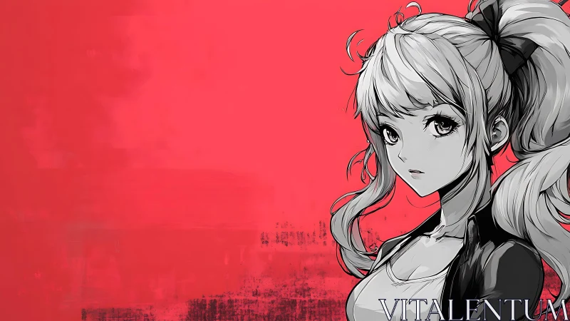 Monochrome anime girl portrait on bold red background.