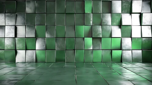 Green metallic tiled wall and floor with reflective cubes.
