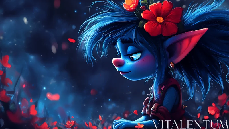 Blue fantasy character with flowers stands amid red petals