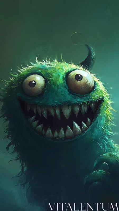 Bright-eyed fuzzy monster grinning in teal shadows.