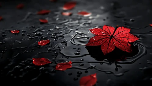 High-contrast red leaf macro rendered on glossy wet surface