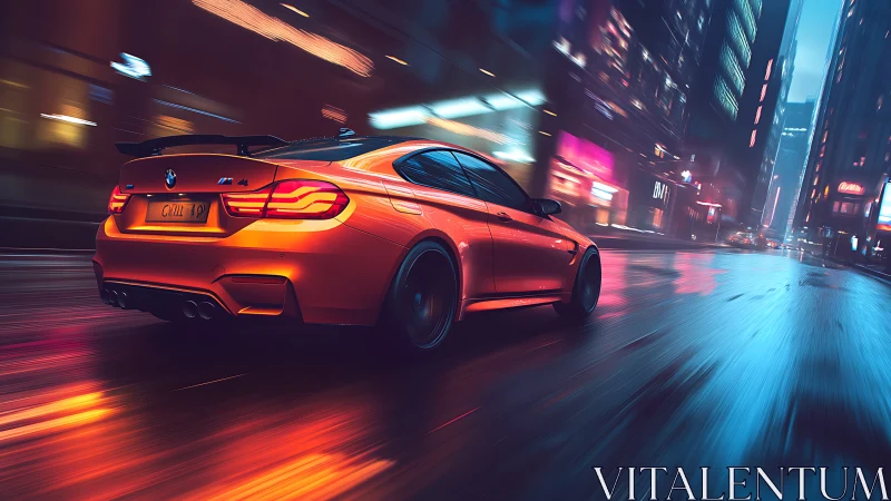 Orange sports coupe on wet neon city street at night.