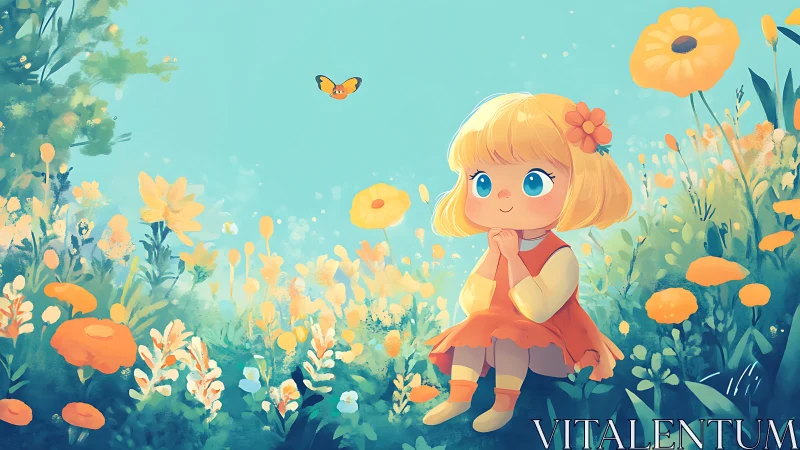Child sits in stylized flower meadow observing butterfly calmly