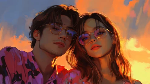 Sunlit couple portrait with reflective glasses at vivid sunset