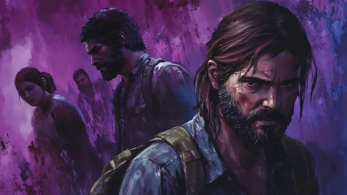 Male survivor portraits in layered purple digital scene.