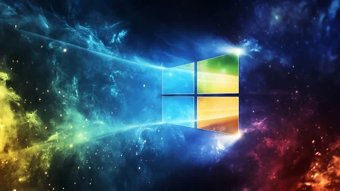 Multicolor window logo over abstract nebula background.