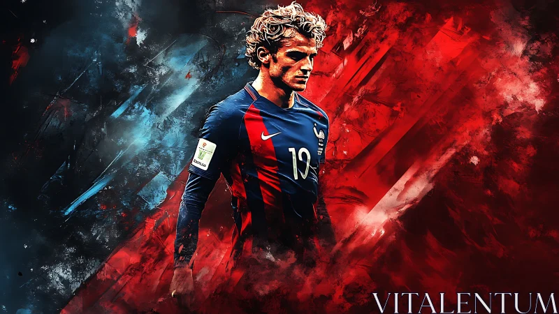 Dynamic footballer portrait within abstract red blue field