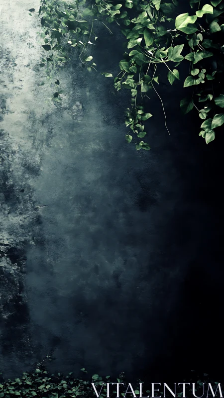 Verdant ivy cascade against moody textured concrete wall.