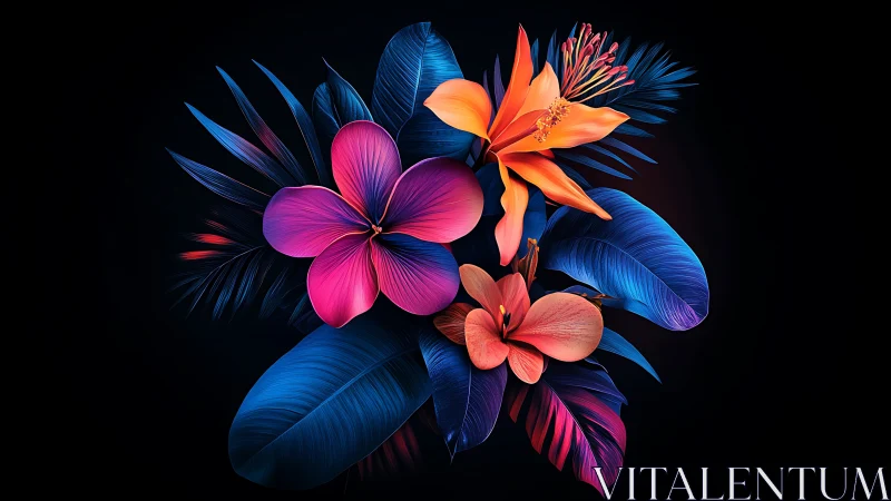Neon Floral Composition Against Black Background.