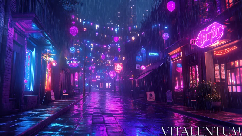 Neon rainlit alley glowing with dreamy midnight colors.
